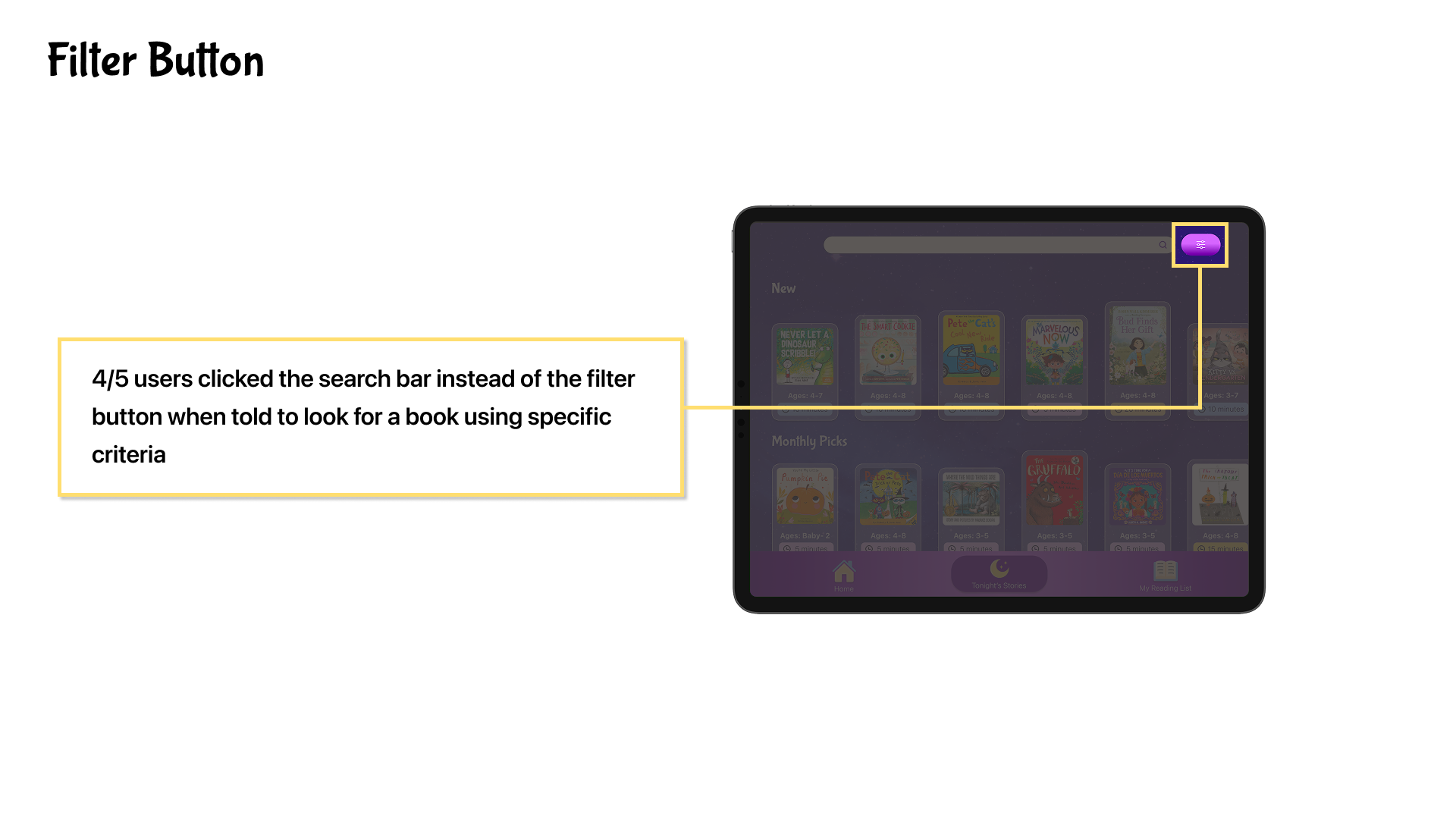 4 out of 5 users clicked the search bar instead of the filter button when told to look for a book using specific criteria